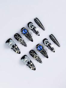 Anime 10 miếng dán móng tay hình trái tim, ngôi sao, nơ, cánh dễ thương phong cách Y2K kèm băng dính. - màu đen - Xem 4