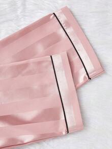 青少年女孩睡衣套装：香槟色条纹长袖开衫和长裤 - 西瓜粉 - 查看 8