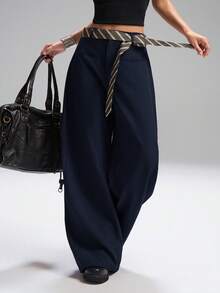 SHEIN EZwear Pantaloni palazzo larghi di colore unito alla moda, adatti per l'abbigliamento da pendolare, per donne in autunno/inverno in taglie comode - Blu Navy - Visualizzare 5