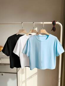 Comfortcana 3pcs/Set Plus Size Basic Crew Neck Short Sleeve Colorful T-Shirts, Summer Tops - Blue - View 3