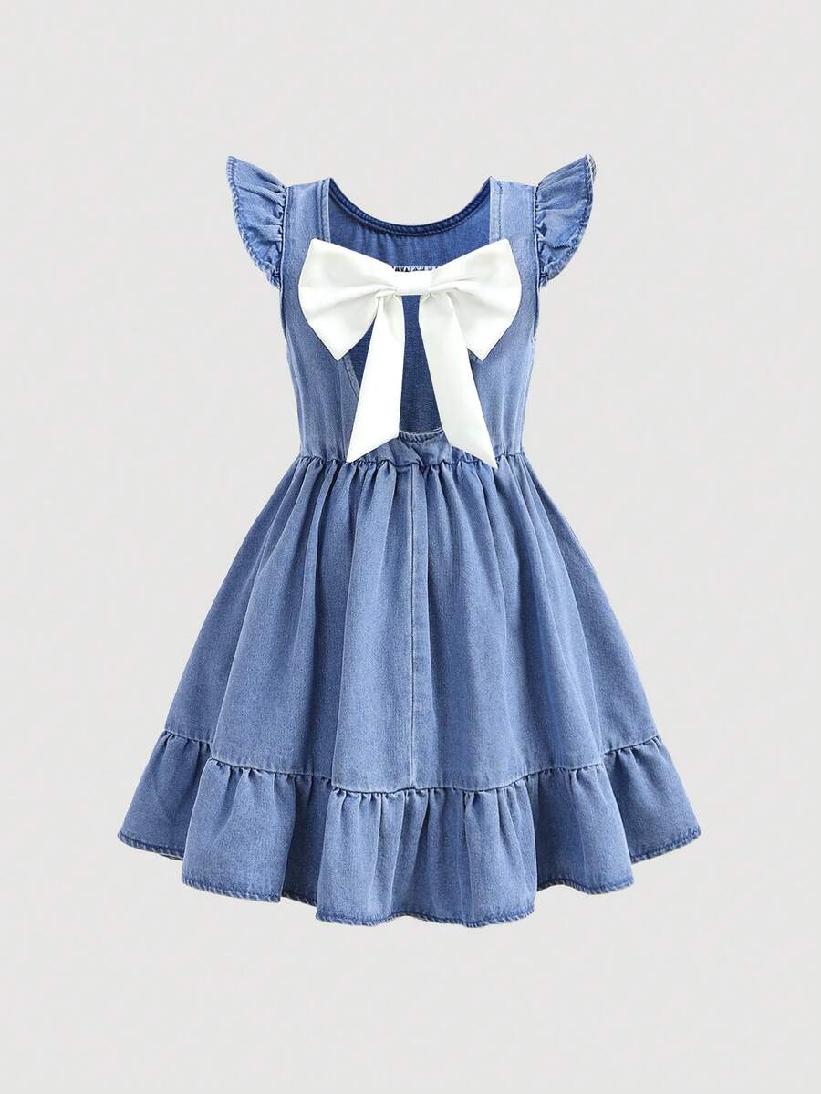 SHEIN Vestido vaquero azul de corte holgado y con volantes para niña - Lavado ligero - Ver 1