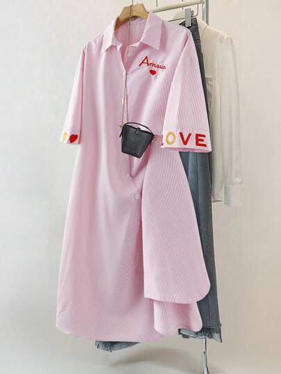 GlowEve CURVE Women's Elegant & Generous Daily Commute Loose Pink & White Striped Embroidered Maxi Dress