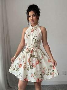 SHEIN Elenzya Sleeveless Shirt Dress With Waist Cinching A-Line Floral Print, Elegant & Romantic Women's Vacation Dress - Multicolor - View 3
