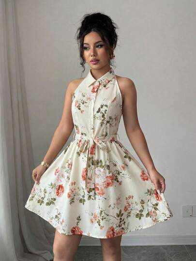 SHEIN Elenzya Sleeveless Shirt Dress With Waist Cinching A-Line Floral Print, Elegant & Romantic Women's Vacation Dress