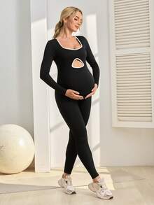 SHEIN Maternity Cutout Design Long Sleeve Jumpsuit - Black - View 4