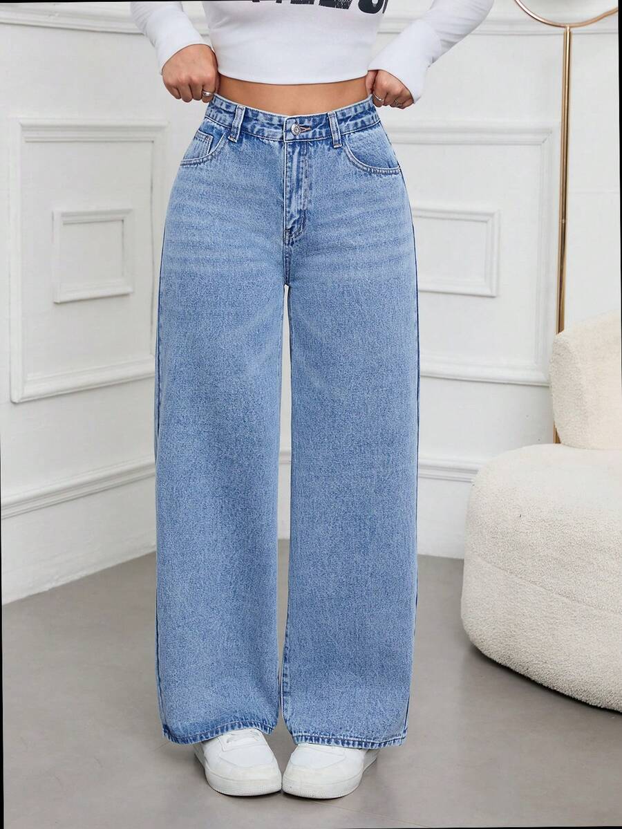 Jeanoix Jeans rectos de cintura alta lavados de manera casual - Lavado ligero - Ver 1