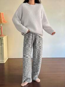 DAZY 2pcs Ink Texture Wide Leg Pants & Knit Pajama Set, Winter Home Wear