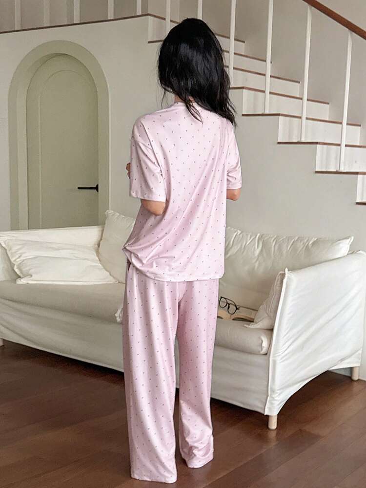 2pcs Women Dog Print Polka Dot Loose Short Sleeve Pajama Set