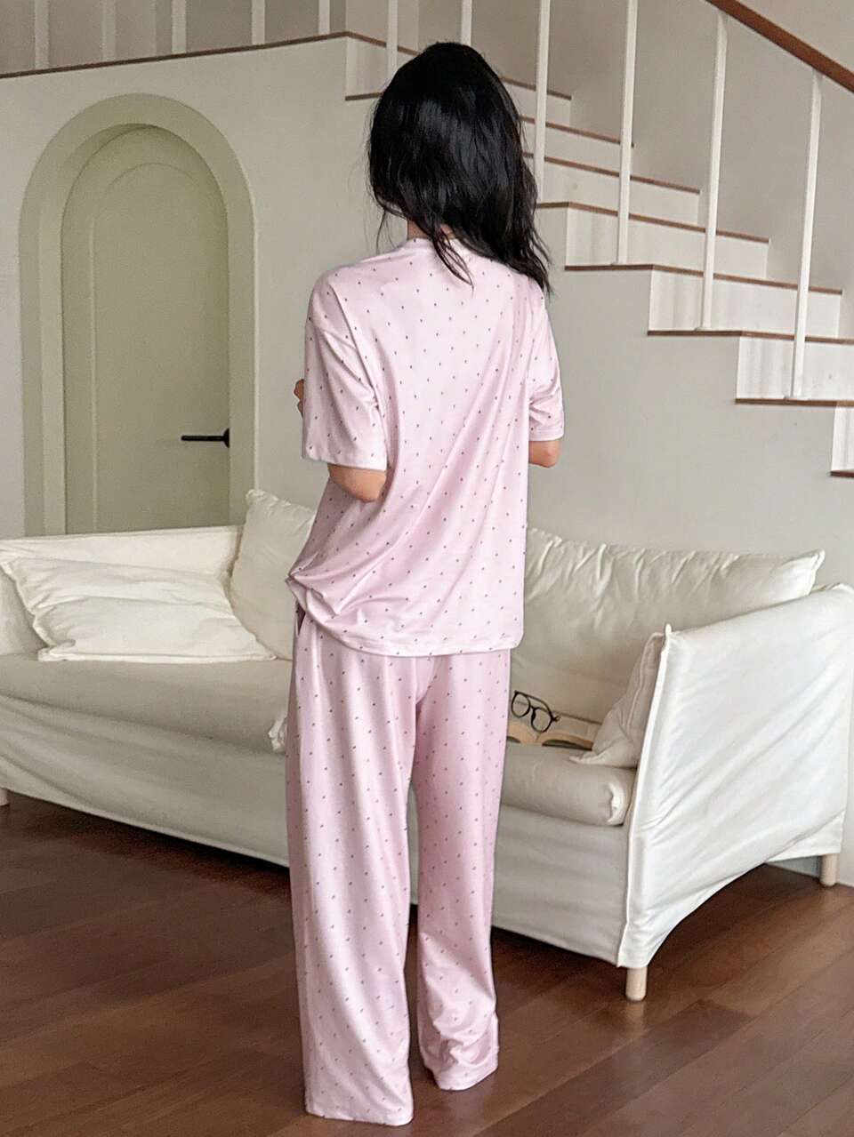 2pcs Women Dog Print Polka Dot Loose Short Sleeve Pajama Set
