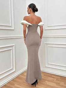 EURMUSE Two Tones Off Shoulder Ruffle Trim Bodycon Dress, Elegant Dress - Mocha Brown - View 2