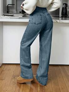 EURMUSE 高腰直筒浅蓝色女式牛仔裤 - 霧霾藍 - 查看 2