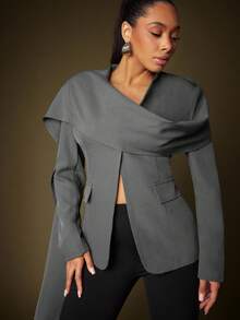 Vixey 浅灰色V领单排扣西装外套，配垂坠披肩 - 深灰色 - 查看 5