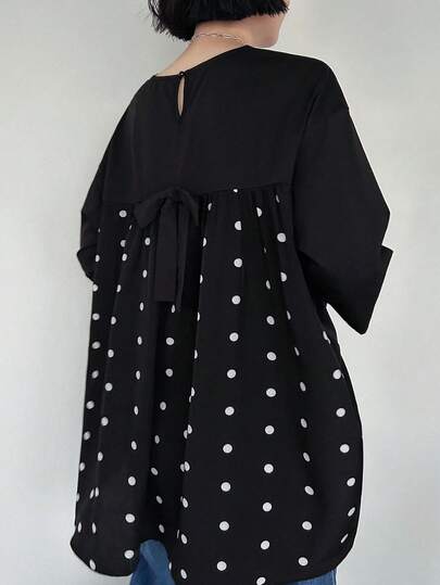 FRIFUL Women's Round Neck Shirt With Bow Tie Back Decor, Polka Dot Fabric, Casual Commuter Style, Contrast Color