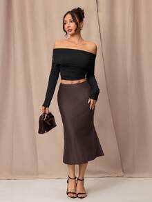 SHEIN PETITE 黑色高腰纯色缎面质感半身裙，适合舞蹈和日常穿着。 - 咖啡棕 - 查看 7