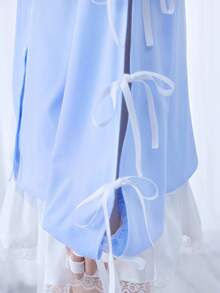 ROMWE EDITION Áo sơ mi dài tay kẻ sọc trang trí nơ dễ thương kiểu Kawaii dành cho nữ - Màu xanh lam - Xem 6