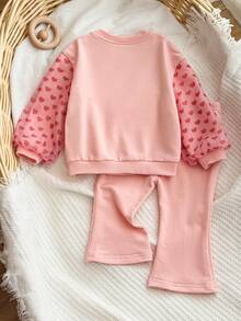 THE POWERPUFF GIRLS X SHEIN 女婴休闲日常通勤可爱卡通爱心标语印花宽松圆领卫衣和喇叭裤套装，春秋季