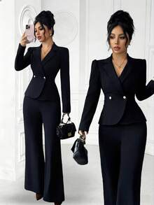 SHEIN Elenzya 优雅浪漫简约商务女士套装，长袖设计，腰部收紧 - 黑色 - 查看 1