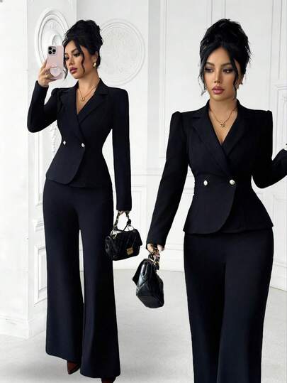 SHEIN Elenzya بدلة نسائية أنيقة رومانسية بسيطة مع أكمام طويلة وخصر مشدود