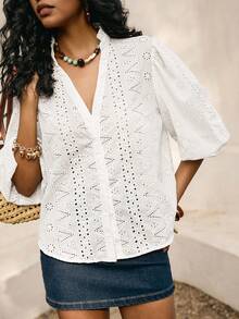 Poéselle Women's V-Neck Burnout Embroidered Fashionable Versatile Lantern Sleeve Top,White Eyelet Embroidered Puff Sleeve Blouse For Women,V Neck Summer Top, Chic French Casual Shirt,Summer Blouse - White - View 4
