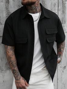 SLATEMANN 男士纯色翻领单排扣休闲通勤短袖开襟衬衫 - 黑色 - 查看 1