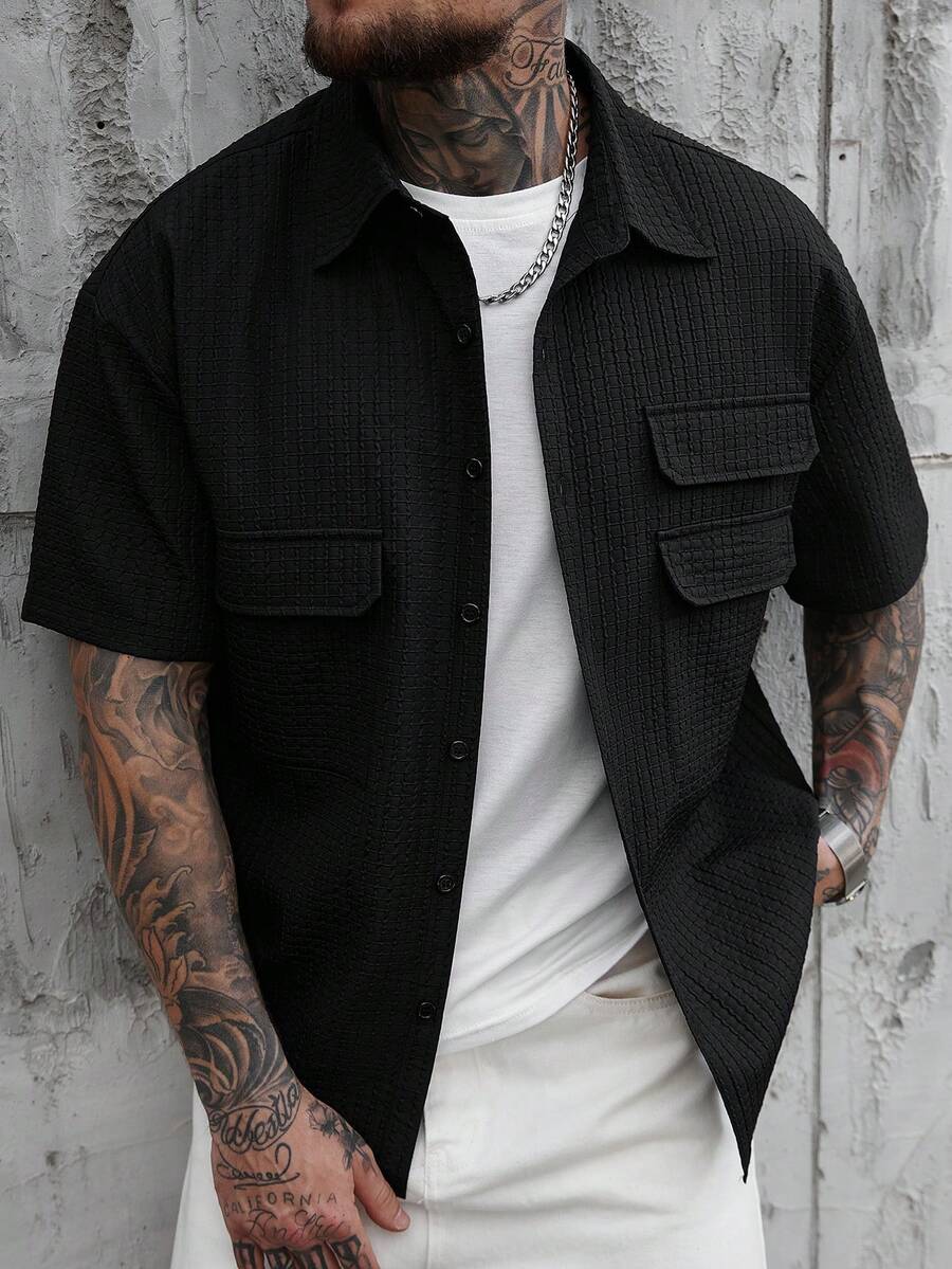 SLATEMANN 男士纯色翻领单排扣休闲通勤短袖开襟衬衫 - 黑色 - 查看 1