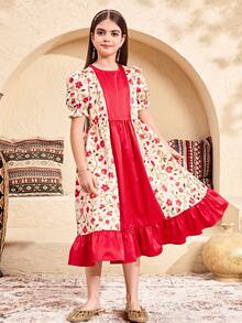 SHEIN 少女撞色印花泡泡袖休闲连衣裙 - 粉色 - 查看 7