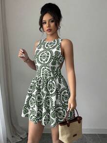 Elenzga Đầm mini thời trang không tay, hở lưng, buộc dây, in họa tiết cây cỏ dành cho nữ, thích hợp cho kỳ nghỉ. - màu xanh lá - Xem 5