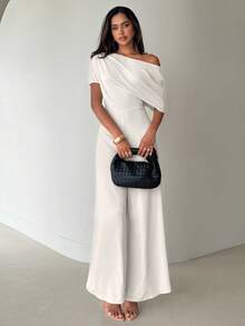 Aloruh Women's New Solid Color Jumpsuit, Oblique Shoulder Design, Wide Leg, Simple & Elegant, Suitable For Commuting, Office Wear - Apricot - View 5