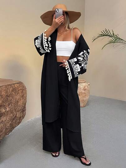 EURMUSE Ensemble kimono noir brodé et pantalon large pour femmes - Détails élégants de manches florales, garniture à franges, tenue modeste en deux pièces, tenue de détente bohème chic