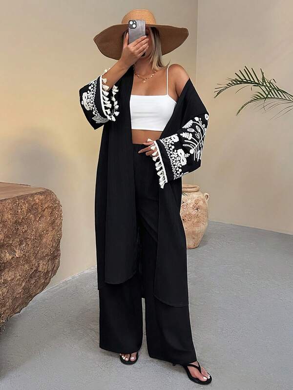 EURMUSE Damen Schwarzes besticktes Kimono & Weite Hose Set - Elegante Blumen Ärmel Details, Quasten Saum, Zwei Teile Bescheidenes Outfit, Boho Chic Loungewear