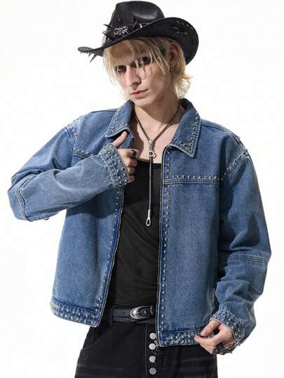 Street Life Giacca di jeans casual da uomo con cerniera frontale e rivetti, spalle a caduta