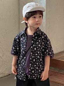 DAZY Young Boy Floral Print Lapel Single-Breasted Casual Versatile Daily Wear Short Sleeve Shirt Spring - Black - View 3