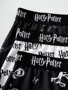 HARRY POTTER X SHEIN 3条装女士全印花撞色腰带舒适平角短裤 - 黑與白 - 查看 3