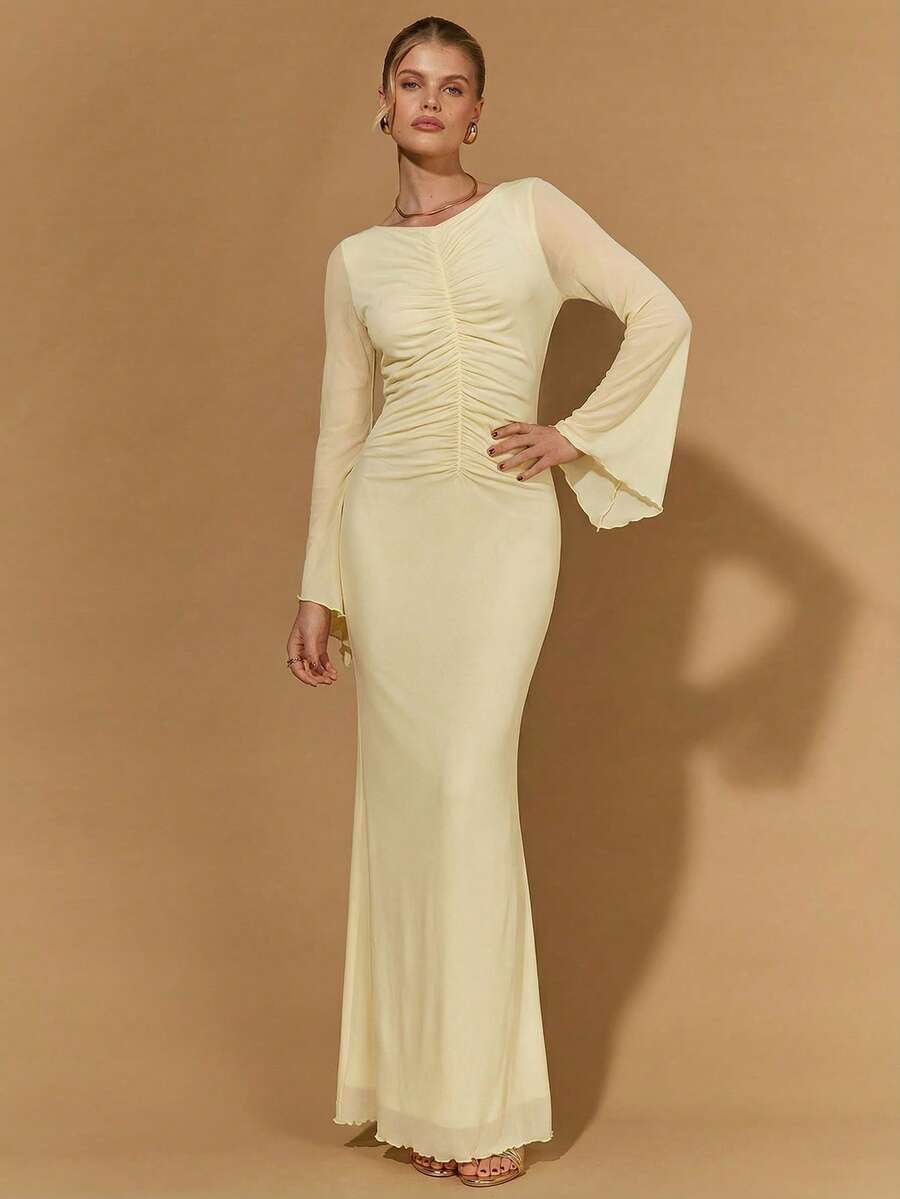 COSMINA 女士奶油黄喇叭袖长袖网纱荷叶边下摆纯色简约连衣裙，适合派对和婚礼，淡黄色连衣裙，纯色连衣裙，情人节连衣裙，女士情人节服装，女士春季服装，派对连衣裙，优雅派对连衣裙，女士婚礼宾客连衣裙，婚礼宾客连衣裙，生日连衣裙，夏季连衣裙，美人鱼连衣裙，鱼尾连衣裙，简约褶皱连衣裙，优雅连衣裙 - 淡黃色 - 查看 1