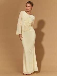 COSMINA 女士奶油黄喇叭袖长袖网纱荷叶边下摆纯色简约连衣裙，适合派对和婚礼，淡黄色连衣裙，纯色连衣裙，情人节连衣裙，女士情人节服装，女士春季服装，派对连衣裙，优雅派对连衣裙，女士婚礼宾客连衣裙，婚礼宾客连衣裙，生日连衣裙，夏季连衣裙，美人鱼连衣裙，鱼尾连衣裙，简约褶皱连衣裙，优雅连衣裙 - 淡黃色 - 查看 3