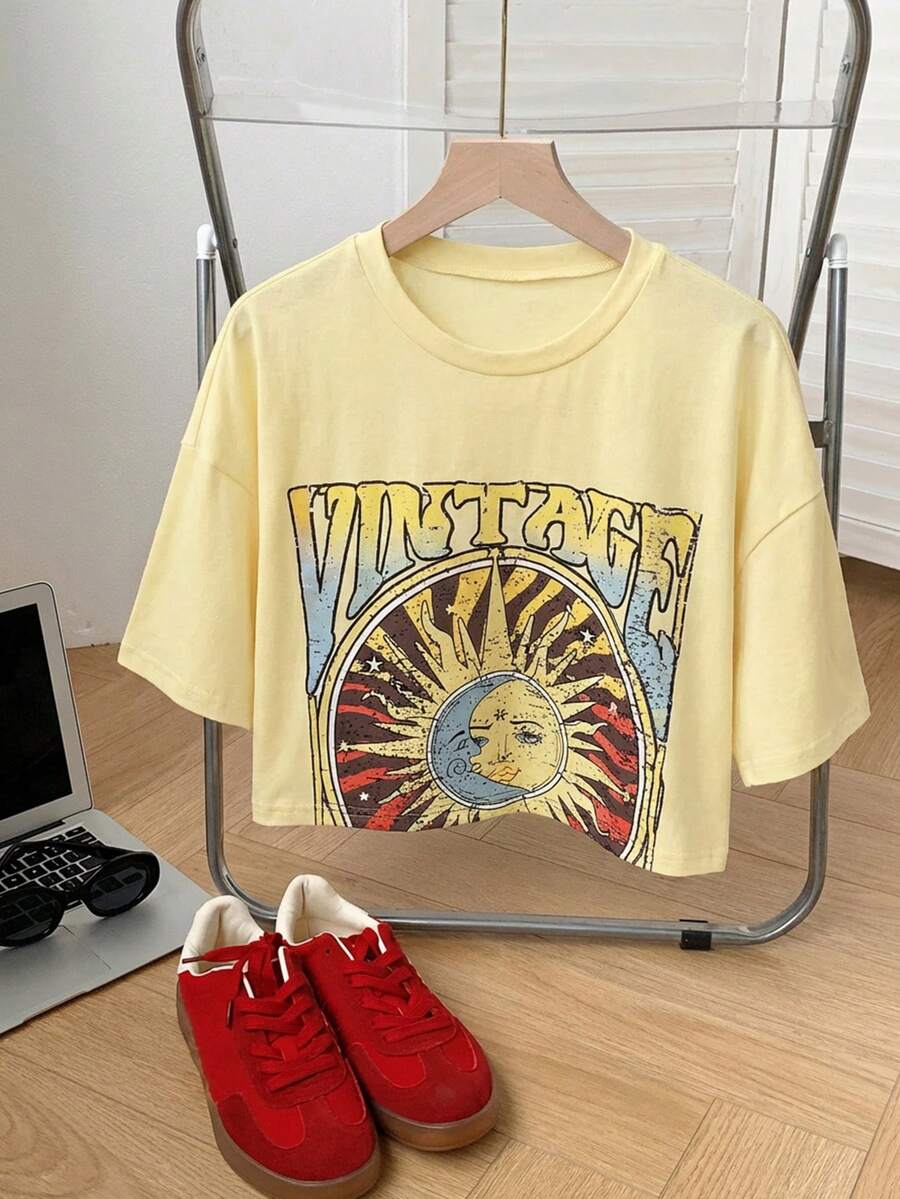 SHEIN Comfortcana 加大码粉色宽松太阳印花T恤，春夏款 - 淡黃色 - 查看 1