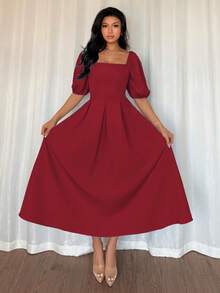 Elenzga 女士优雅简约纯色圆领荷叶边下摆A字泡泡袖短袖连衣裙，适合通勤、办公、商务、休闲、度假、下午茶、派对等场合。 - 紅色 - 查看 7