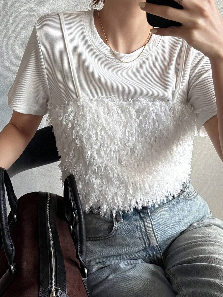 FRIFUL Women's Casual Loose Fit Solid Color Fuzzy Texture Camisole Layered T-Shirt, Versatile For Spring & Summer - White - View 1
