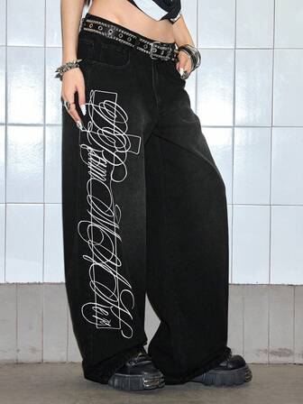 Grunge Punk Jeans anchos y sueltos de mujer con bolsillo y estampado de letras