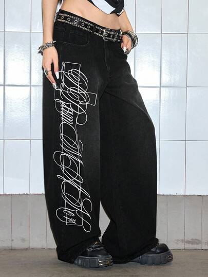 Grunge Punk Jeans casual larghi con stampa a lettere e tasche per donna