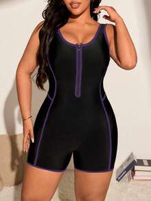 Swim SPRTY Quần short lướt sóng màu trơn dành cho nữ cỡ lớn, phối màu tương phản, đồ bơi liền thân thể thao thường ngày, thích hợp cho kỳ nghỉ hè. - Màu tím - Xem 1