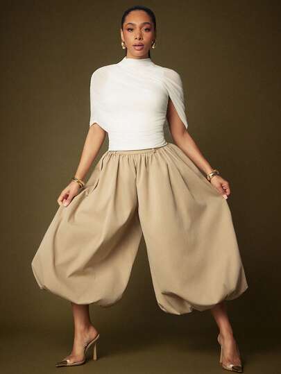 Vixey Solid Woven High Waist Balloon Shape Pants
