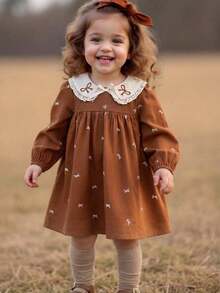 Vintaside Kids 女童优雅可爱娃娃领拼接蕾丝蝴蝶结刺绣花朵长袖连衣裙，适合学校、休闲、公园、校园等场合，展现可爱风格，也适合户外活动。 - 棕色 - 查看 2