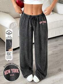 SHEIN Attitoon 女士休闲低腰直筒运动裤，适合夏季穿着，纽约英伦印花图案 - 彩色 - 查看 10