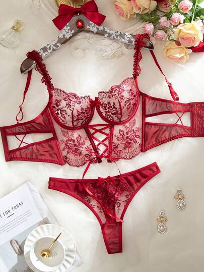 2pcs Women's Sexy Floral Embroidery Mesh Bow Decor Lingerie Set Red Lace Lingerie Set Sexy Underwear Set Burgundy Lingerie Set Red Underwear Set Lace Lingerie
