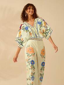 CAJUNI 女士波西米亚风彩色鹦鹉热带花卉印花系带深V领杏色连体衣，度假休闲夏季沙滩连体衣 - 黃色 - 查看 6