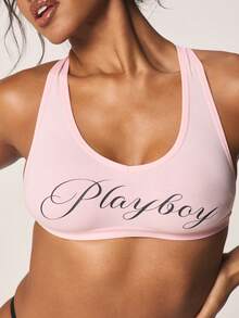 Missguided x Playboy Sujetador deportivo con logo de guión y espalda con detalles de tirantes, copa suave, lencería tipo pullover - Rosa - Ver 5