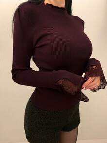 DAZY 女士圆领纯色罗纹休闲通勤长袖毛衣 - 酒紅色 - 查看 3