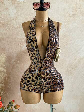 Soleia Mono de mujer talla grande con estampado de leopardo con lentejuelas y brillo, cuello en V profundo, espalda descubierta y textura de punto, mono ajustado de moda para fiesta, cita, té de la tarde, vacaciones bohemias, playa, verano