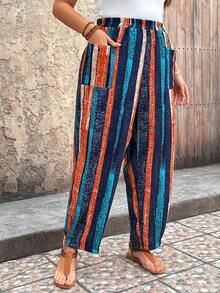EMERY ROSE Plus Size Women Elastic Waist Striped Pocket Design Casual Tapered Pants - Navy Blue - View 1